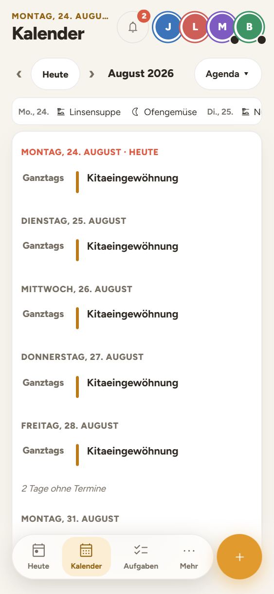 Der Familienkalender mit farbigen Terminen je Person