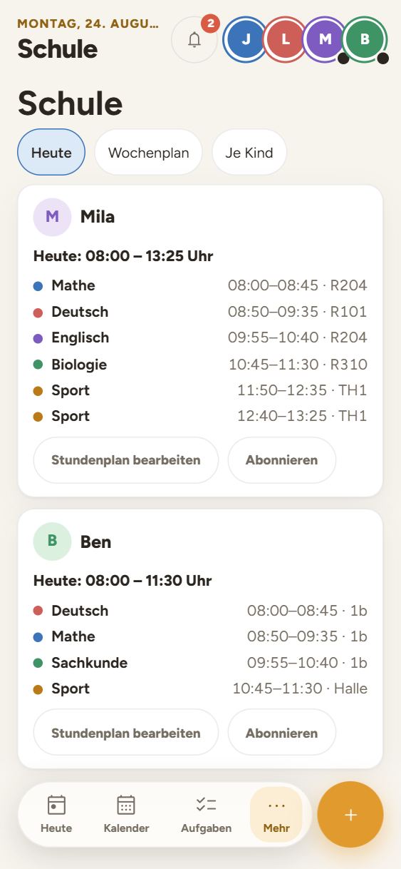Der Bereich Schule mit Stundenplan je Kind